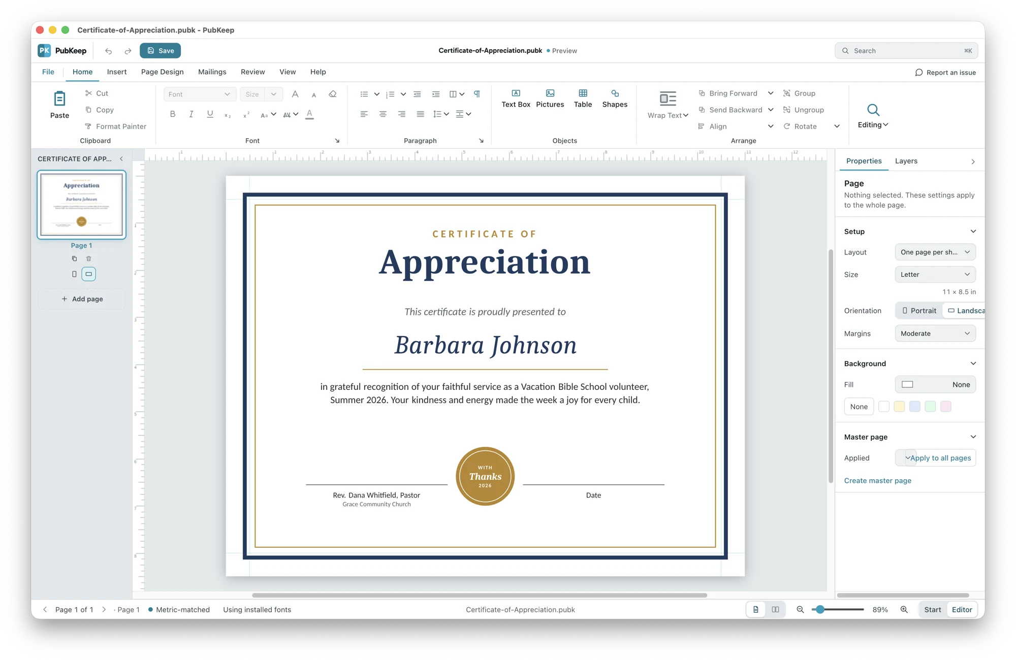 The PubKeep desktop app editing a landscape certificate of appreciation for a Vacation Bible School volunteer, with a gold seal and signature lines.