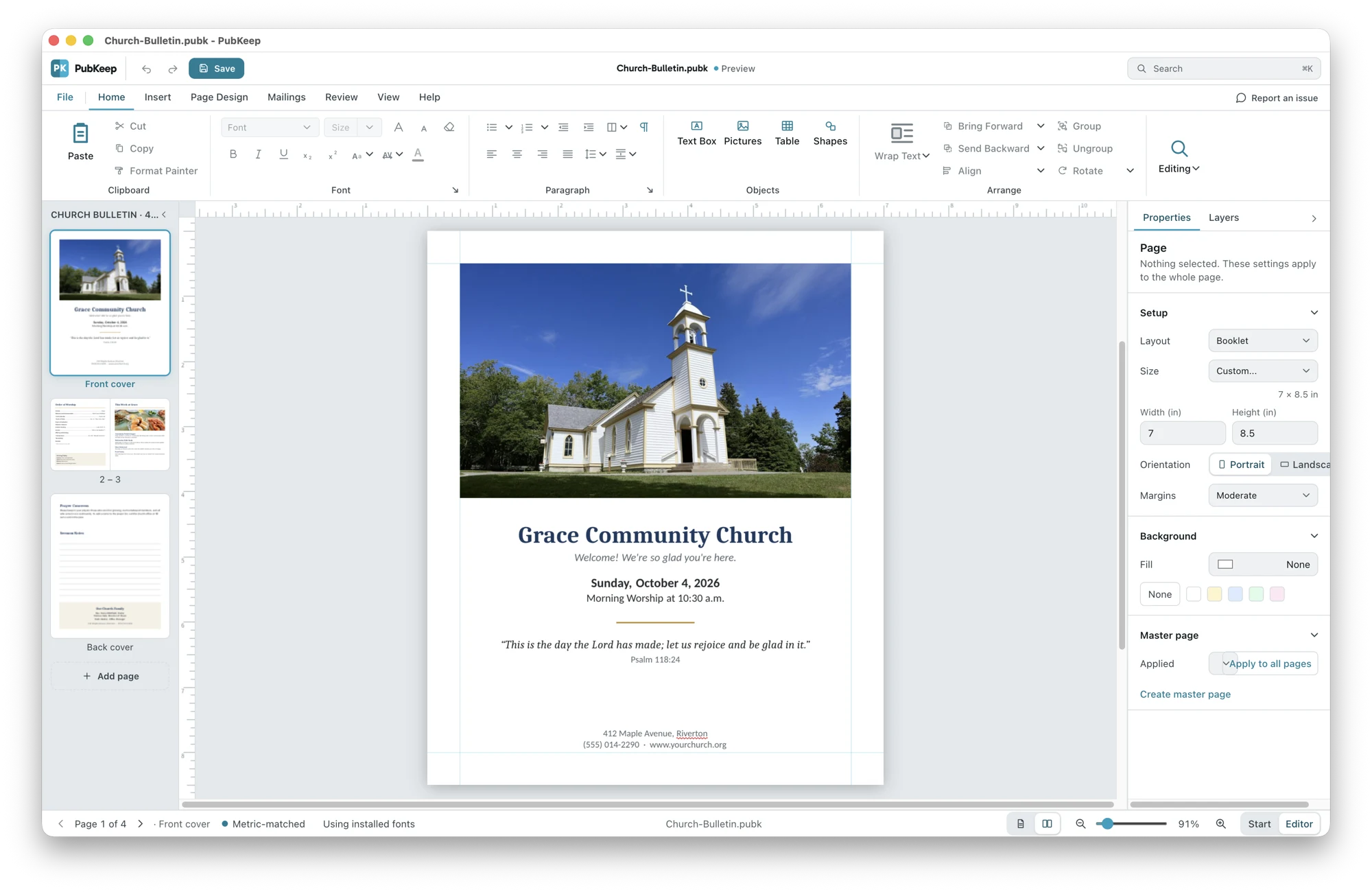 The PubKeep desktop app editing a church bulletin: a ribbon of Home, Insert, Page Design, Mailings, Review, and View tabs, a page navigator with the bulletin's four pages down the left, the front cover on the canvas, and a page properties panel on the right.