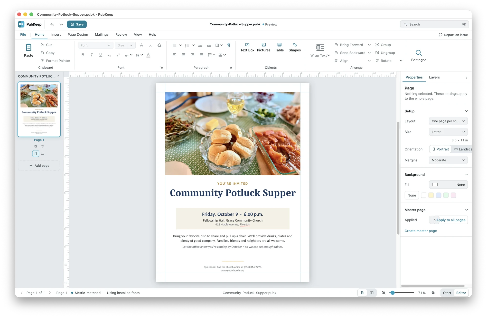 The PubKeep desktop app editing a community potluck supper flyer with a food photo, event details, and a church address.