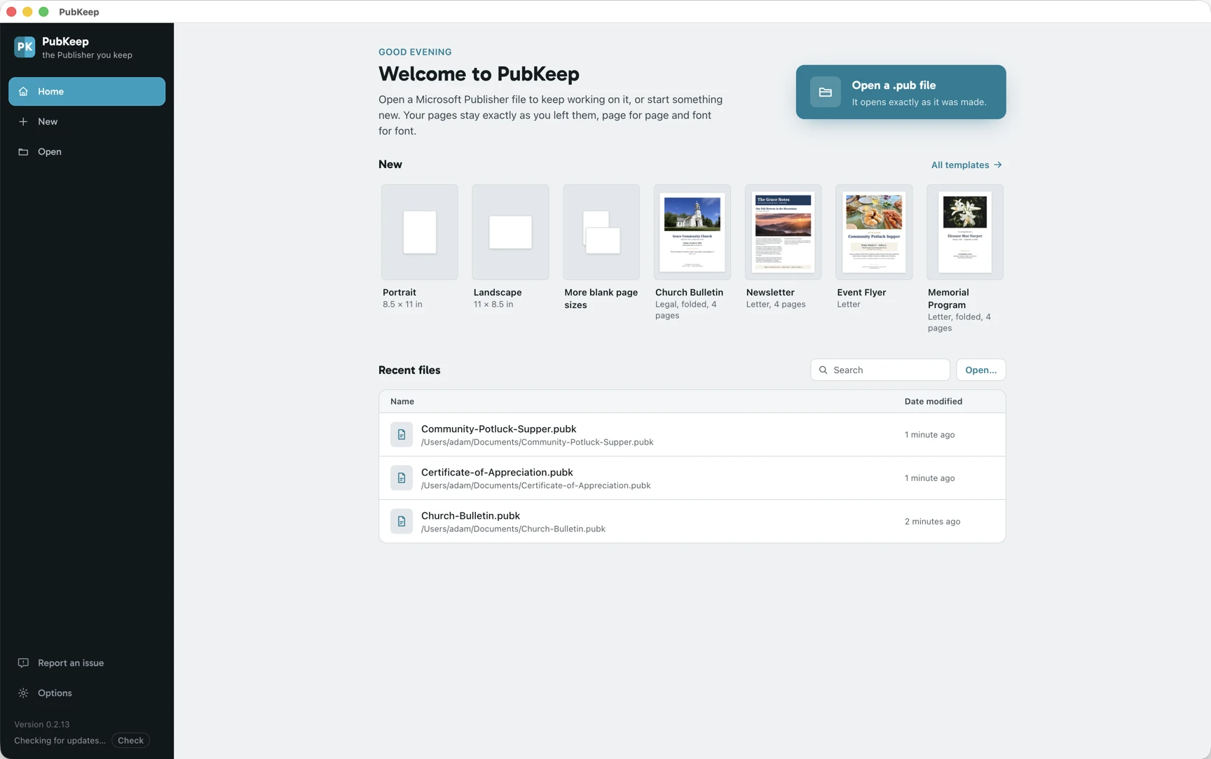 The PubKeep start screen on a Mac: a dark side rail with Home, New, and Open, a button to open a .pub file, blank page sizes and templates like a church bulletin, newsletter, event flyer, and memorial program, and a list of recent files.