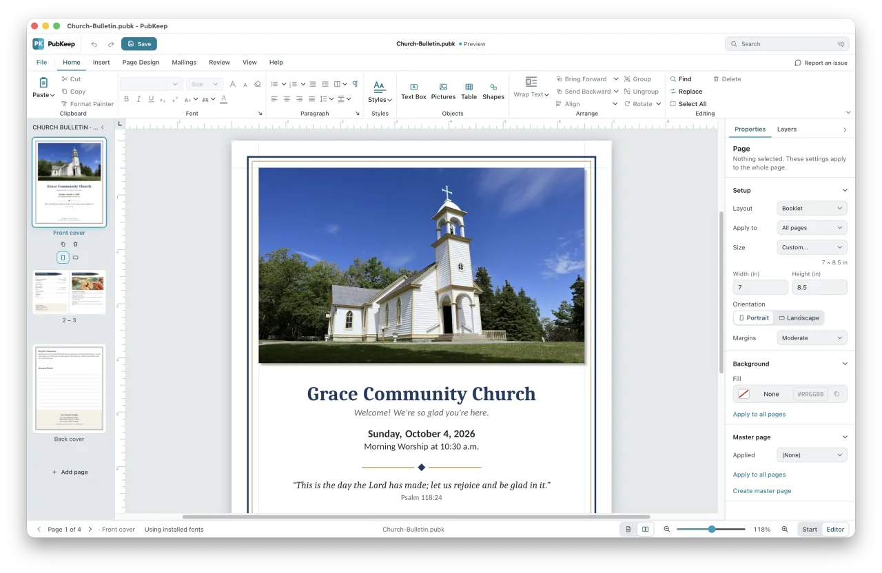 The PubKeep desktop app editing a church bulletin: a ribbon of Home, Insert, Page Design, Mailings, Review, and View tabs, a page navigator with the bulletin's four pages down the left, the front cover on the canvas, and a page properties panel on the right.