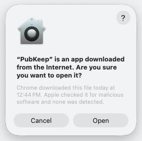 The macOS box asking to open an app downloaded from the internet, with the Open button