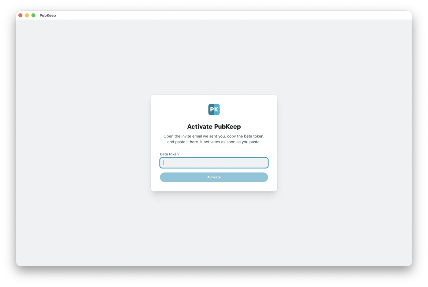 The Activate PubKeep screen with the Beta token box