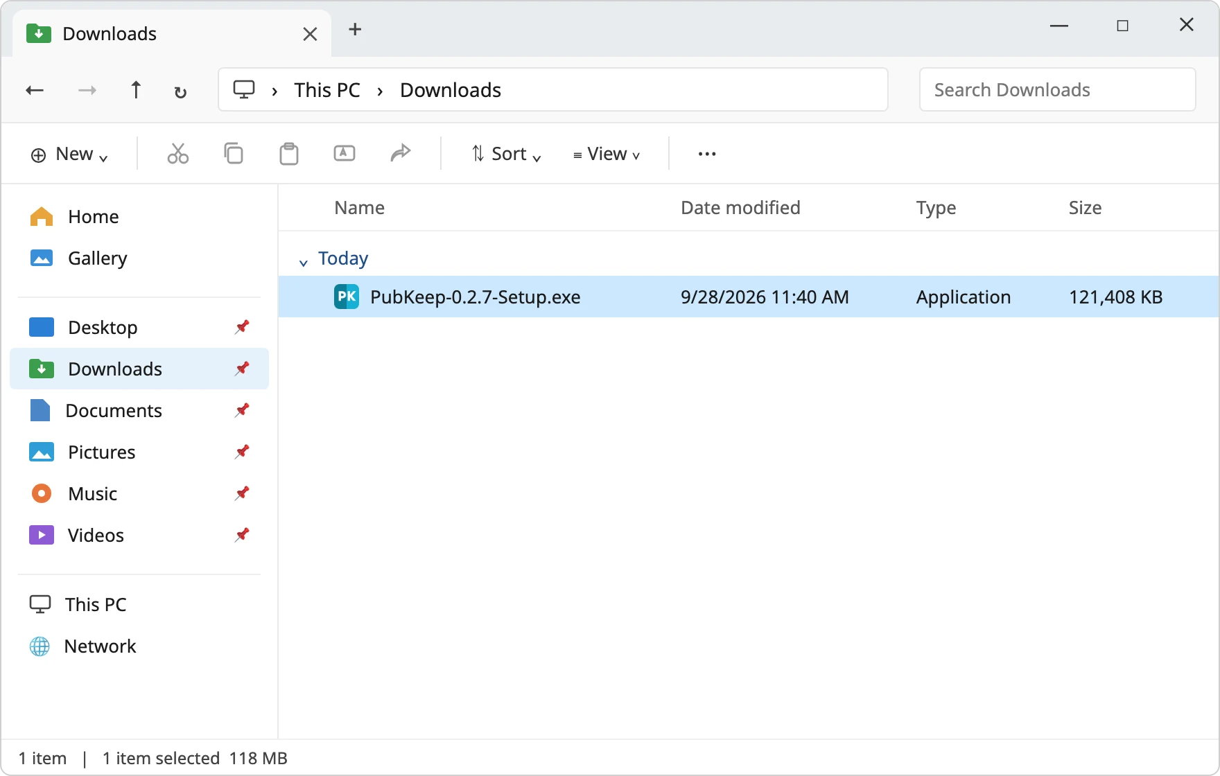 The Downloads folder with the PubKeep Setup file