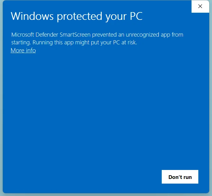 The blue Windows protected your PC box, with the More info link