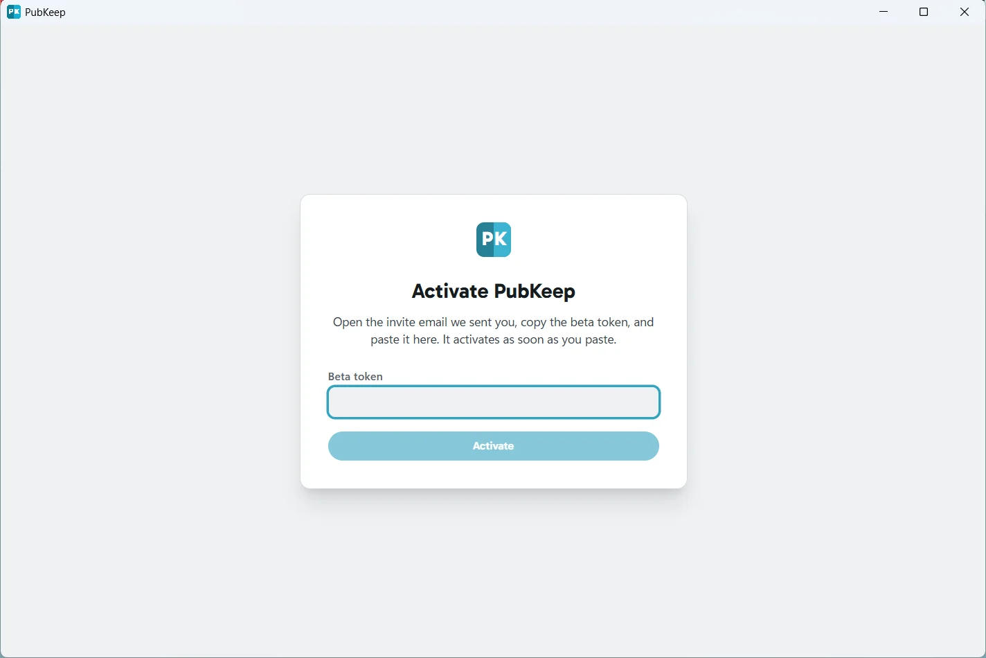 The Activate PubKeep screen with the Beta token box