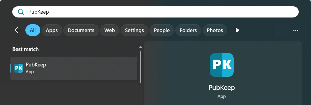 The Start menu with PubKeep typed in the search box