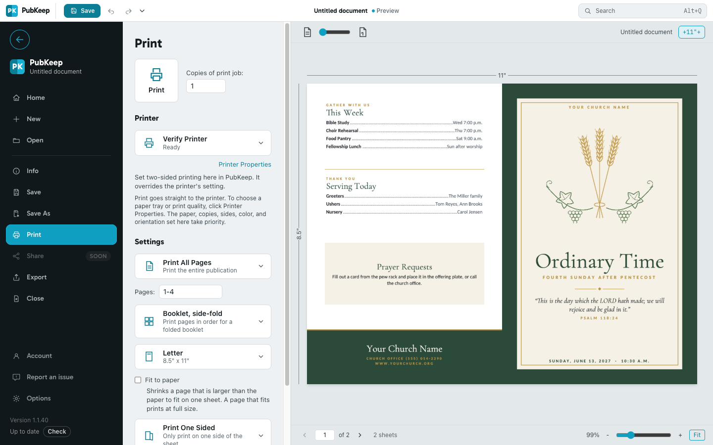 File > Print with Booklet, side-fold chosen