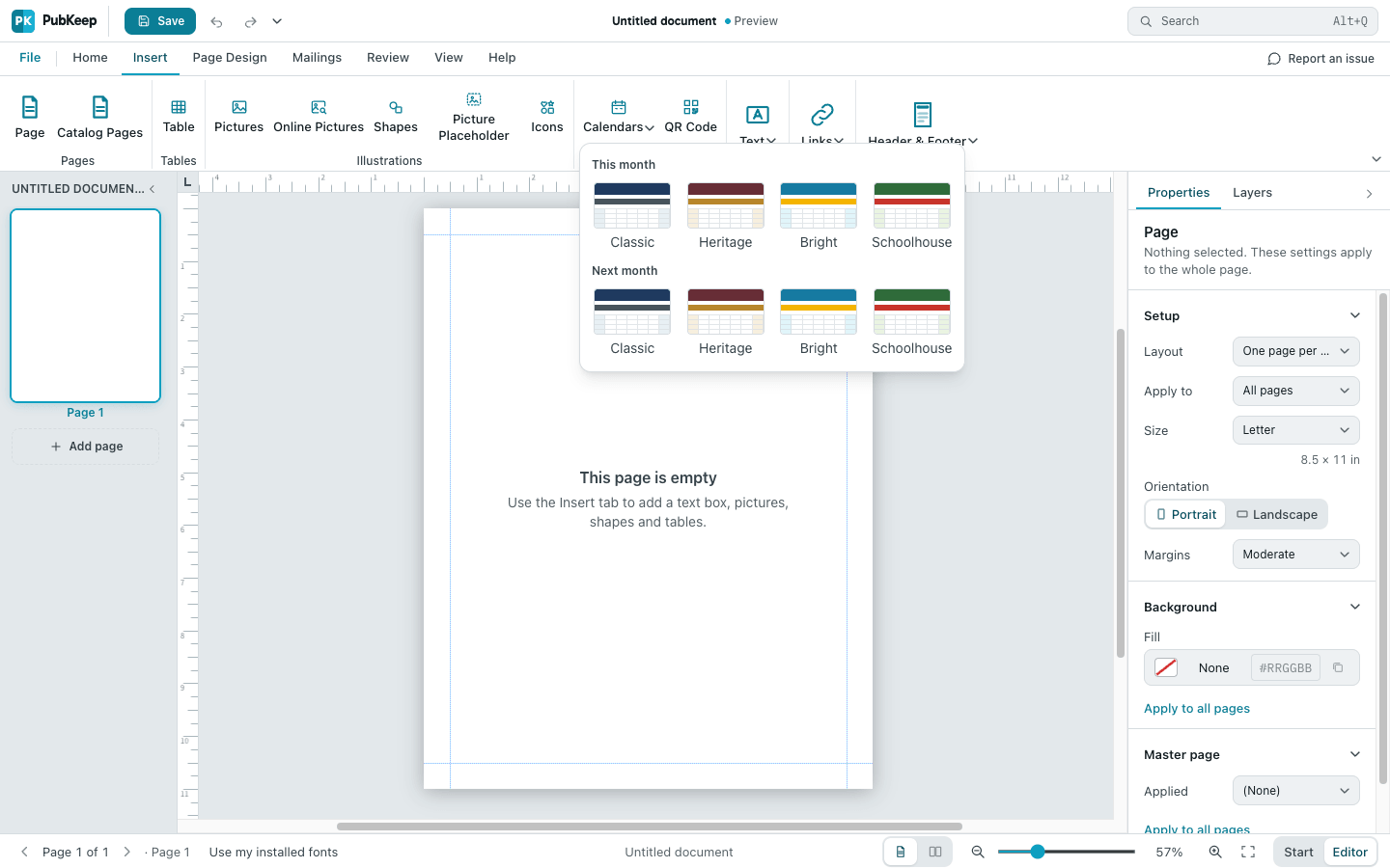 The Calendars gallery on the Insert tab, with This month and Next month rows of designs