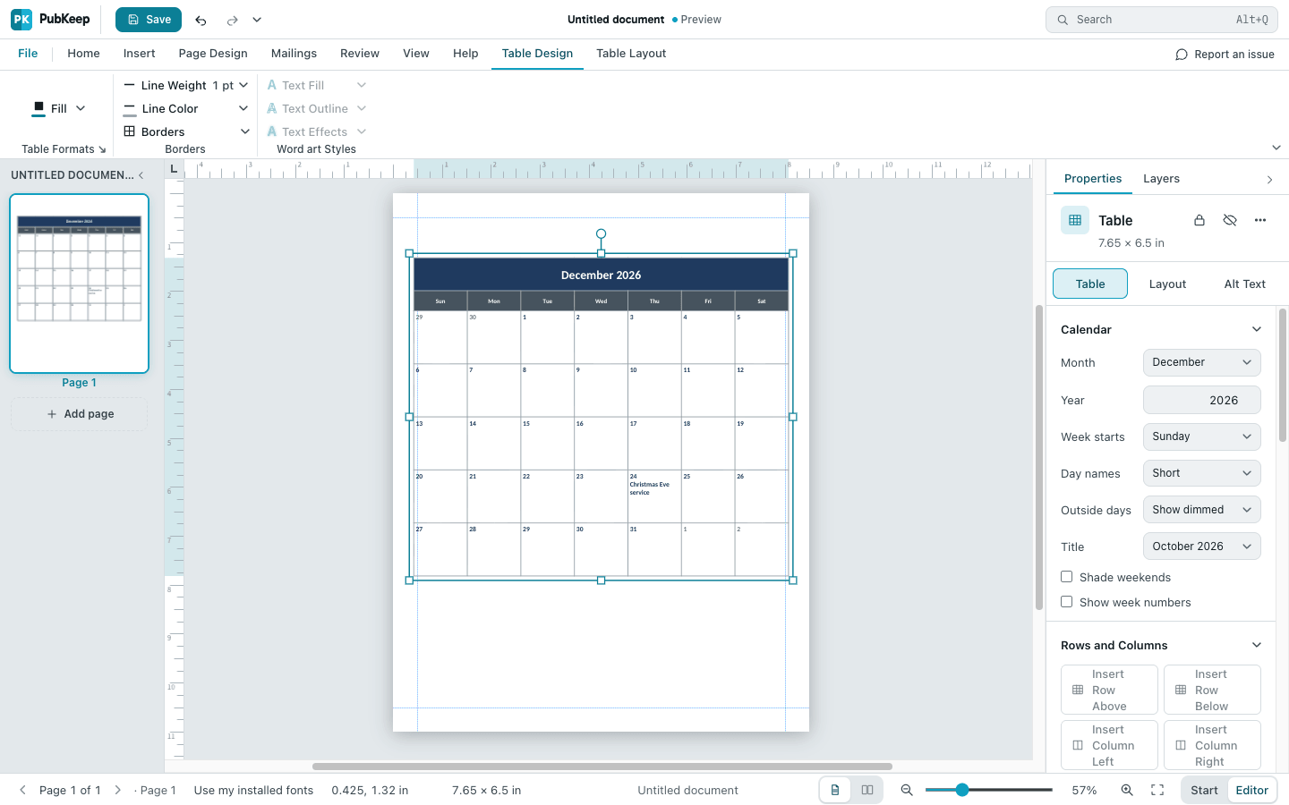 A December 2026 calendar with an event on the 24th, and the Calendar settings in the Properties pane