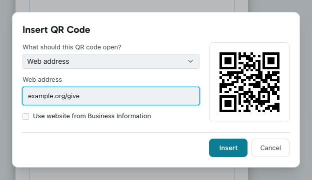 The Insert QR Code dialog with a web address typed in and the code previewed on the right