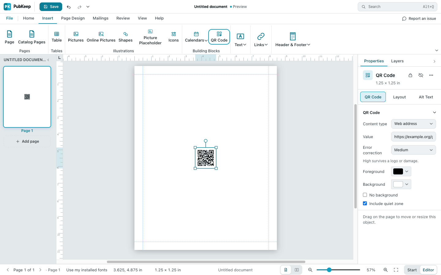 A QR code on the page, with its settings in the Properties pane