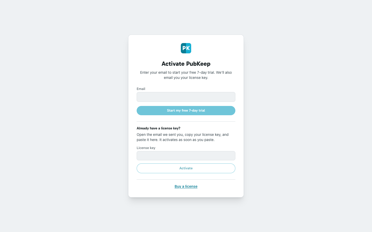 The Activate PubKeep screen with the License key box