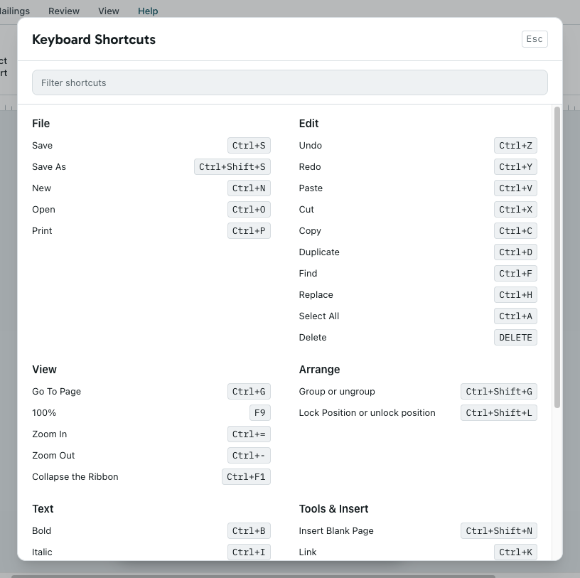The Keyboard Shortcuts list, grouped by File, Edit, View, Arrange, Text and Tools