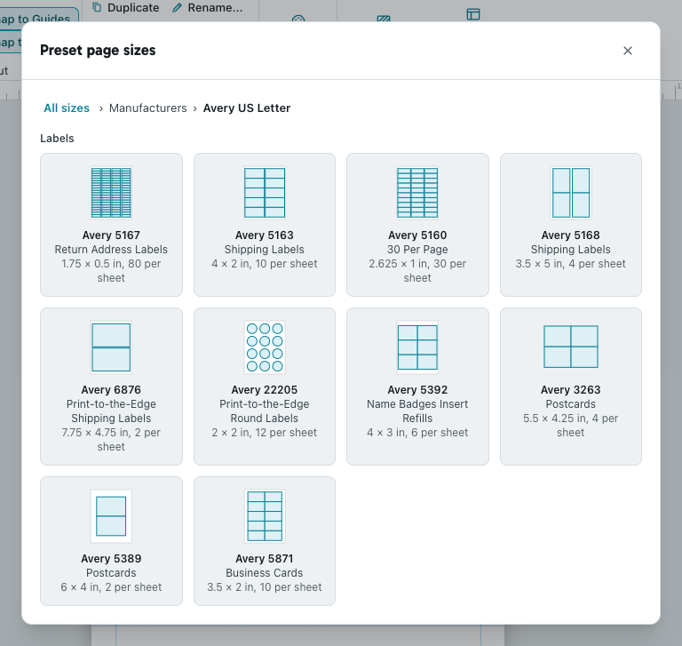 The label sizes in Preset page sizes