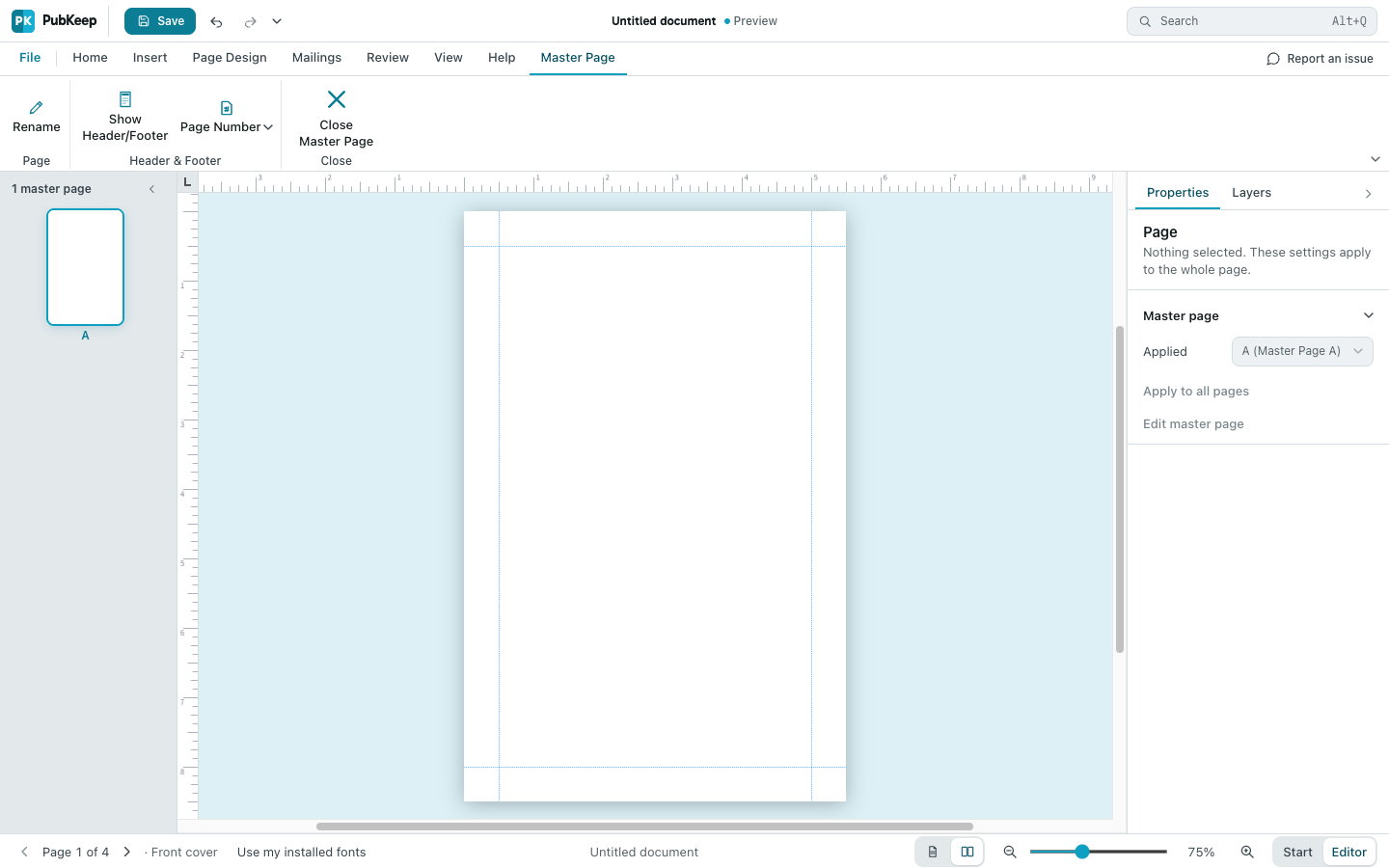 The Master Page tab with Close Master Page