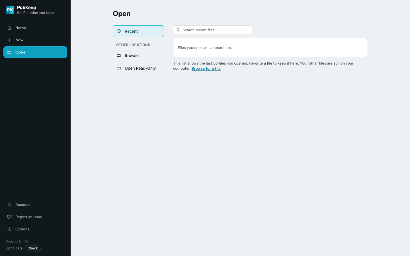 The Open page under the File tab, with Recent and Browse