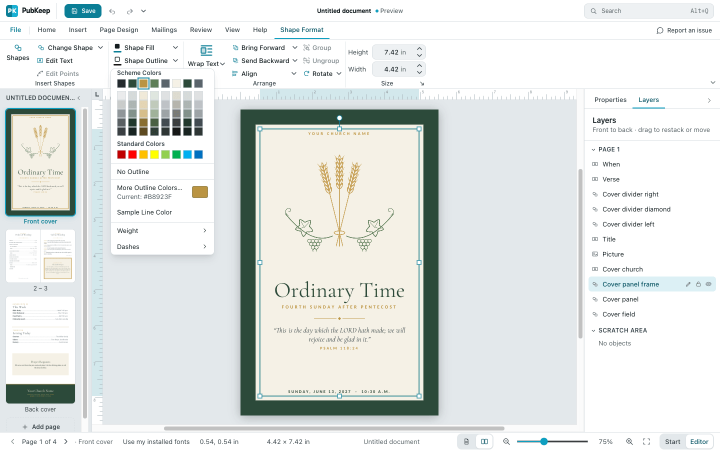 The Shape Outline menu on the Shape Format tab, with No Outline under the colors