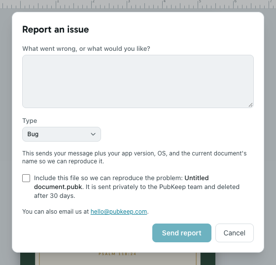 The Report an issue window with the include-file checkbox