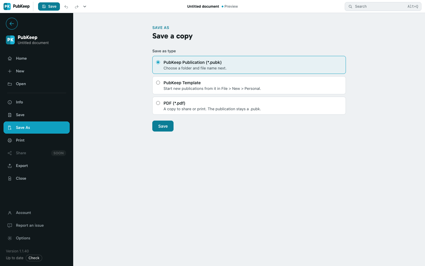 The Save As page with PubKeep Publication selected