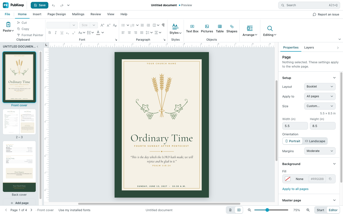 The PubKeep window with a bulletin open: the ribbon, the Pages pane, the page, the Properties pane and the status bar