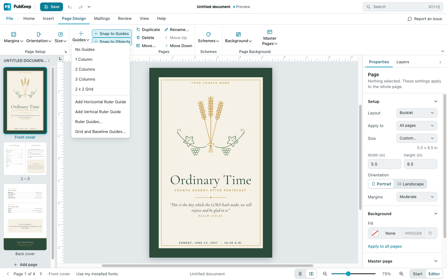 Page Design > Guides, with the column and grid choices and Snap to Guides