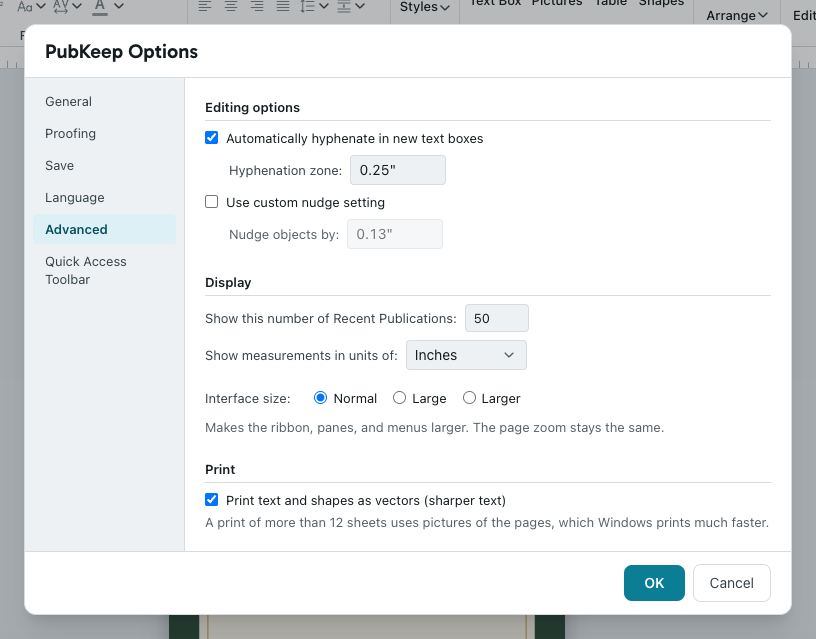 The Interface size setting in PubKeep Options